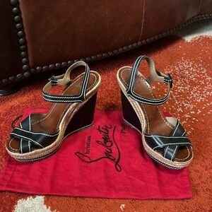 Christian Louboutin Almeria black leather espadrille wedges